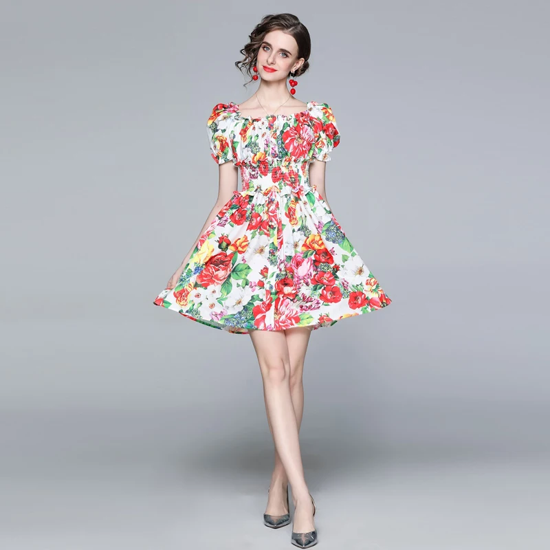 

2021 Newest Summer Designer Elegant Mini Dress Plus Size Women Elastic Waist Multicolor Floral Print Boho Holiday Party Dress