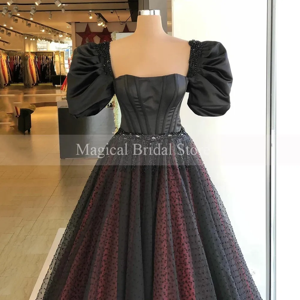 Черное Тюлевое платье-трапеция в горошек для выпускного вечера с пышными