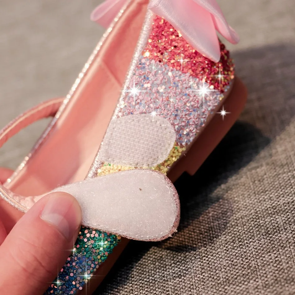 Girl Rainbow Glitter Wedding Party Mary Jane Shoes Kid Bowknot Back Slip on Ballerina Flats Children Bridesmaids Heel Pump |