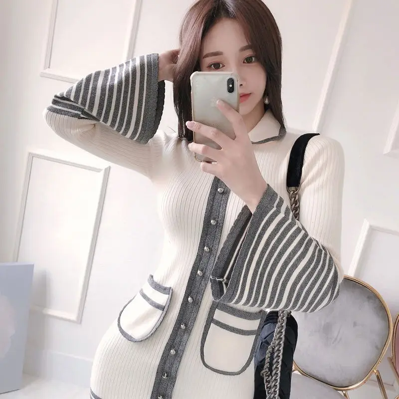 

New Fashion Single-Breasted Mini Dress Women Flare Sleeve Knitting Dresses Spring Peter Pan Collar Slim Office Lady Vestidoes