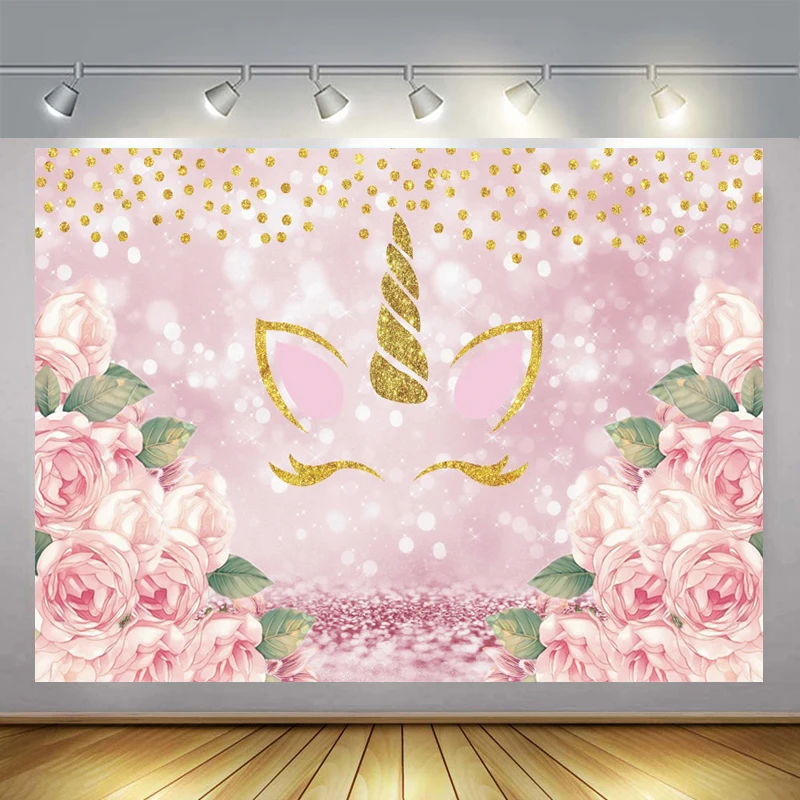 

Golden Unicorn Art Painting Flowers Frosting Dot Backdrop Dream Girl Birthday Party Decor Poster Custom Kid Photocall Background