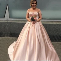 pink appliques ball gown wedding dress off shoulder floor length lace up long satin bridal gowns vestidos de mariee custom made