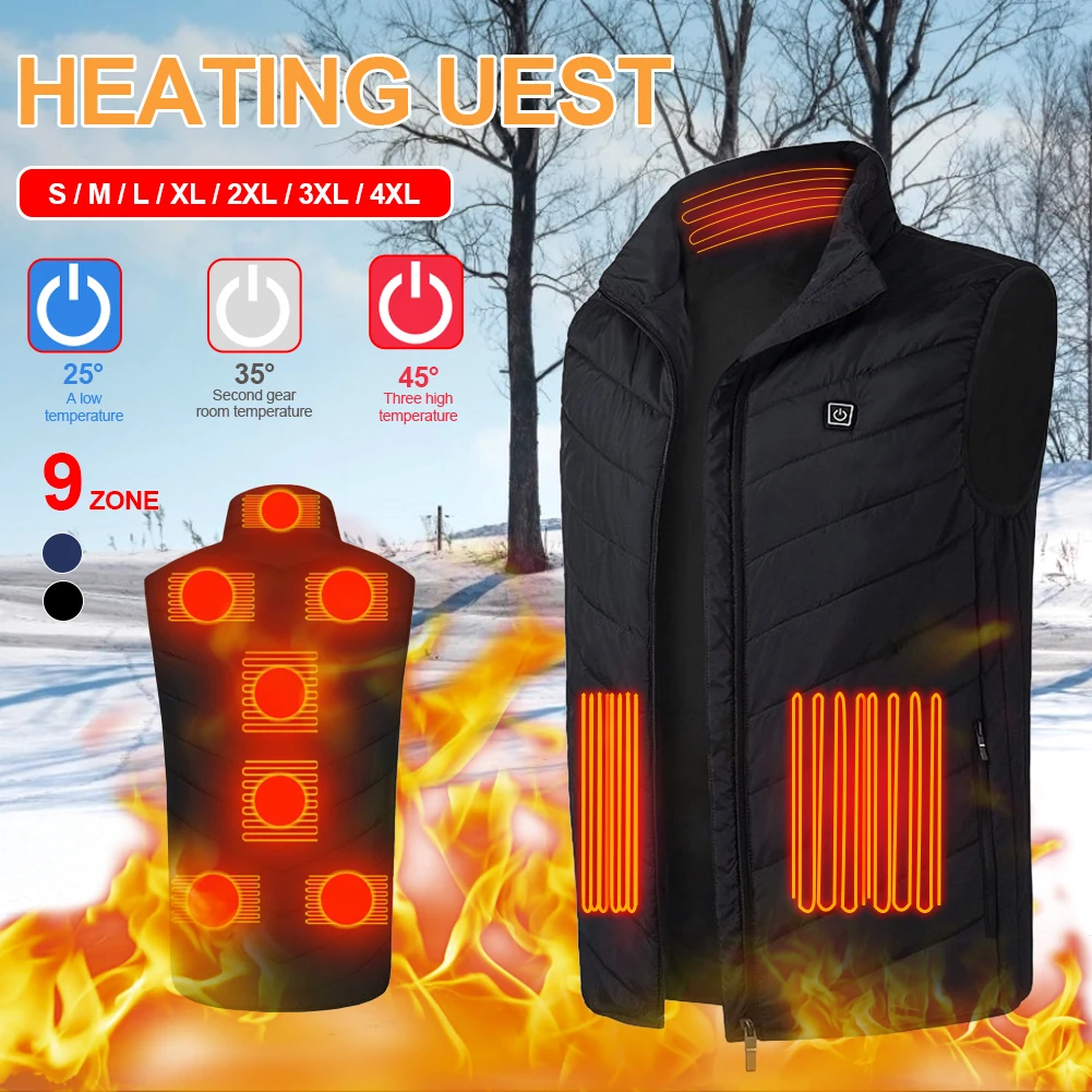 

9 Heating Zones Heated Vest Jacket USB Winter Electrically Heated Sleeveless Jacket Travel Outdoor Waistcoat for Riding Hiking