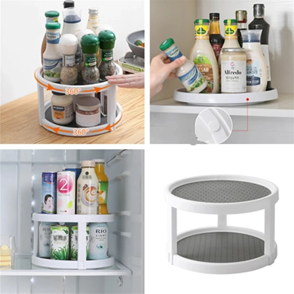 

360° Rotating Tray Double Layers Spice Seasoning Jar Organizer Shelf Kitchen Storage Rack Holder Cabinet Refrigerator Turntable