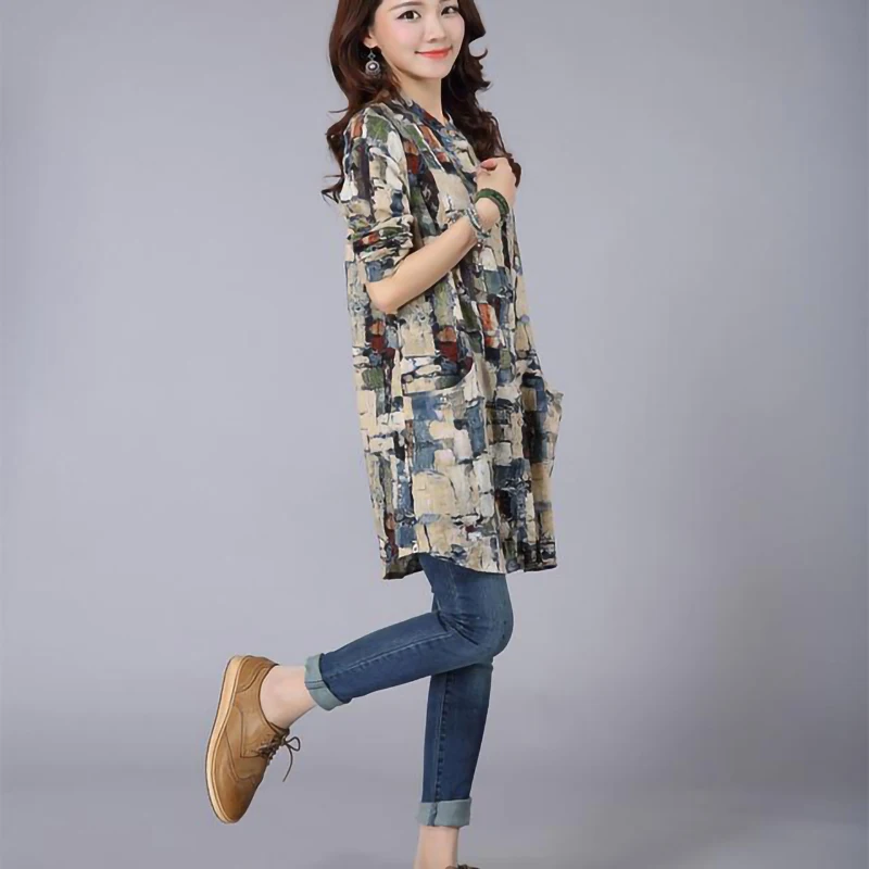 Tunics Long Shirt Women Vintage Cotton Linen Plaid Shirt Long sleeve Stand collar Ladies Casual Tops and Blouses
