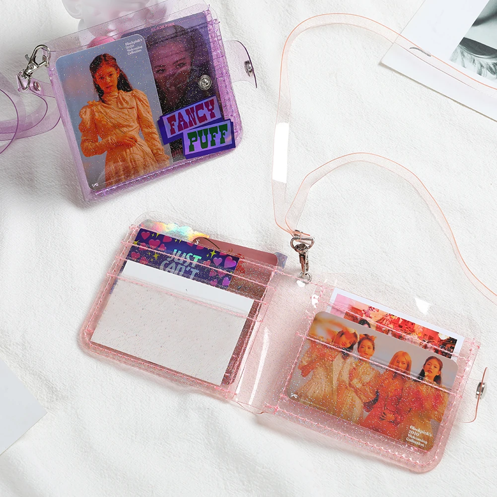 

New Transparent ID Card Holder Folding Short Wallet Fashion Women Girl Business Cards Case Purse With Lanyard