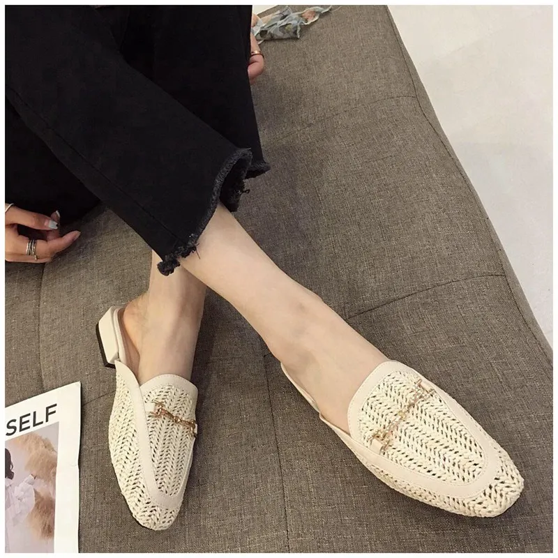 New Fashion Women Mules Slipper Low Heel Slip On Slide Sandals Cane Woven Beach Summer Slippers Flat Sandals