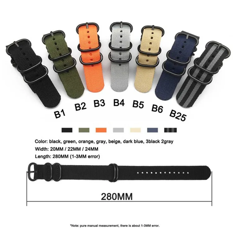 20mm 22mm 24mm NATO Nylon Canvas Strap Universal Nylon Watch Band ZULU Band  Five-ring black Buckle Replacement WatchBand Belt