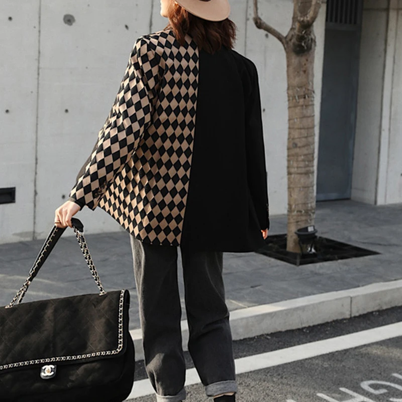 

Original Black Blazer Womens Elegant Stitching Suit Jacket Female 2021 New Plaid Suit Jacket Autumn Winter OL Office Blazer Coat