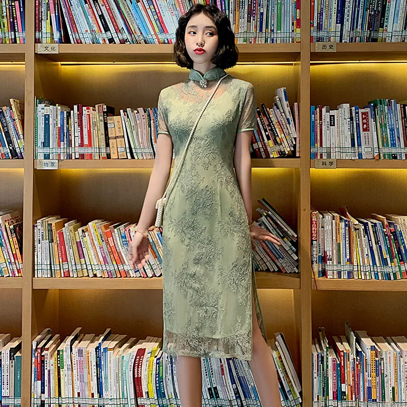 

Short Sleeve Women Cheongsam Knee Length Elegant Lace Qipao Chinese Style Summer Party Dress Mandarin Collar Gown Vestido M-3XL