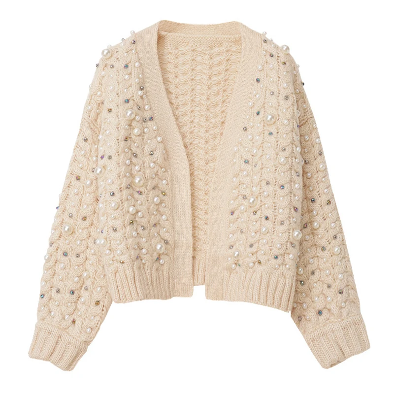 

High Quality Female Runway Sweater Elegant Knitted Coat Autumn Winter Clothes Loose Pearl Beading Casual Cardigans Women Tops