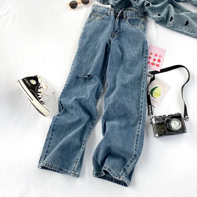 

High Waist Wide Leg Jeans for Women 2021 Spring/Summer New Hong Kong Style Design Ripped Drape Versatile Xuan Ya Daddy Pants