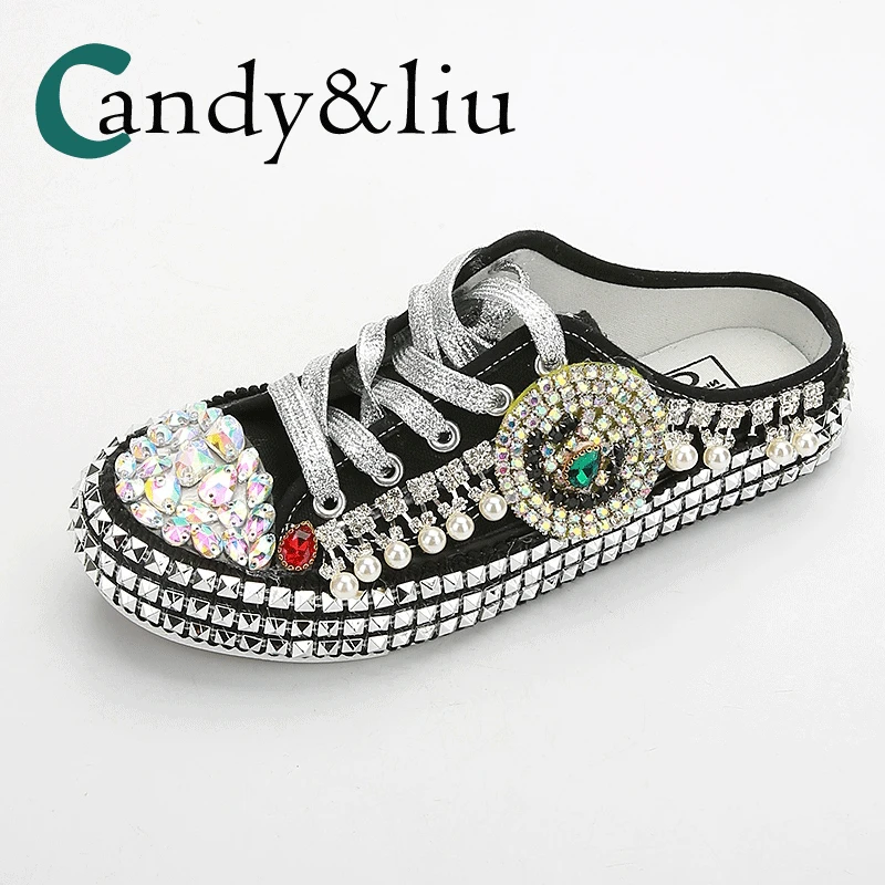 

Summer new rhinestone heavy industry half Baotou slippers women wear wild flat bottom