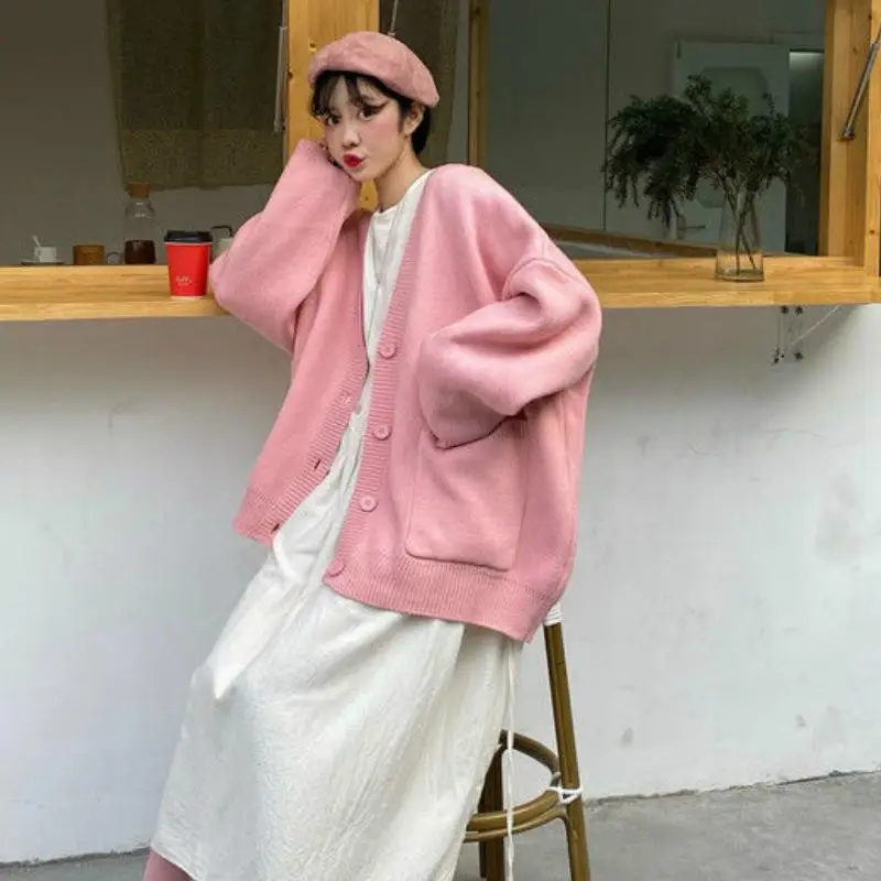 

Sweater Solid Women Pockets Cardigans Sweet Girls Daily Outwear Kawaii Womens Loose Knitted Chic Korean Style