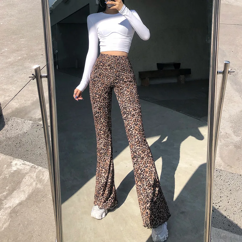 

2021 New Spring Dress Slacks Leisure Loose Fashion Leopard Bootleg Wide Leg Pants of Height Trousers High Straight Type Female
