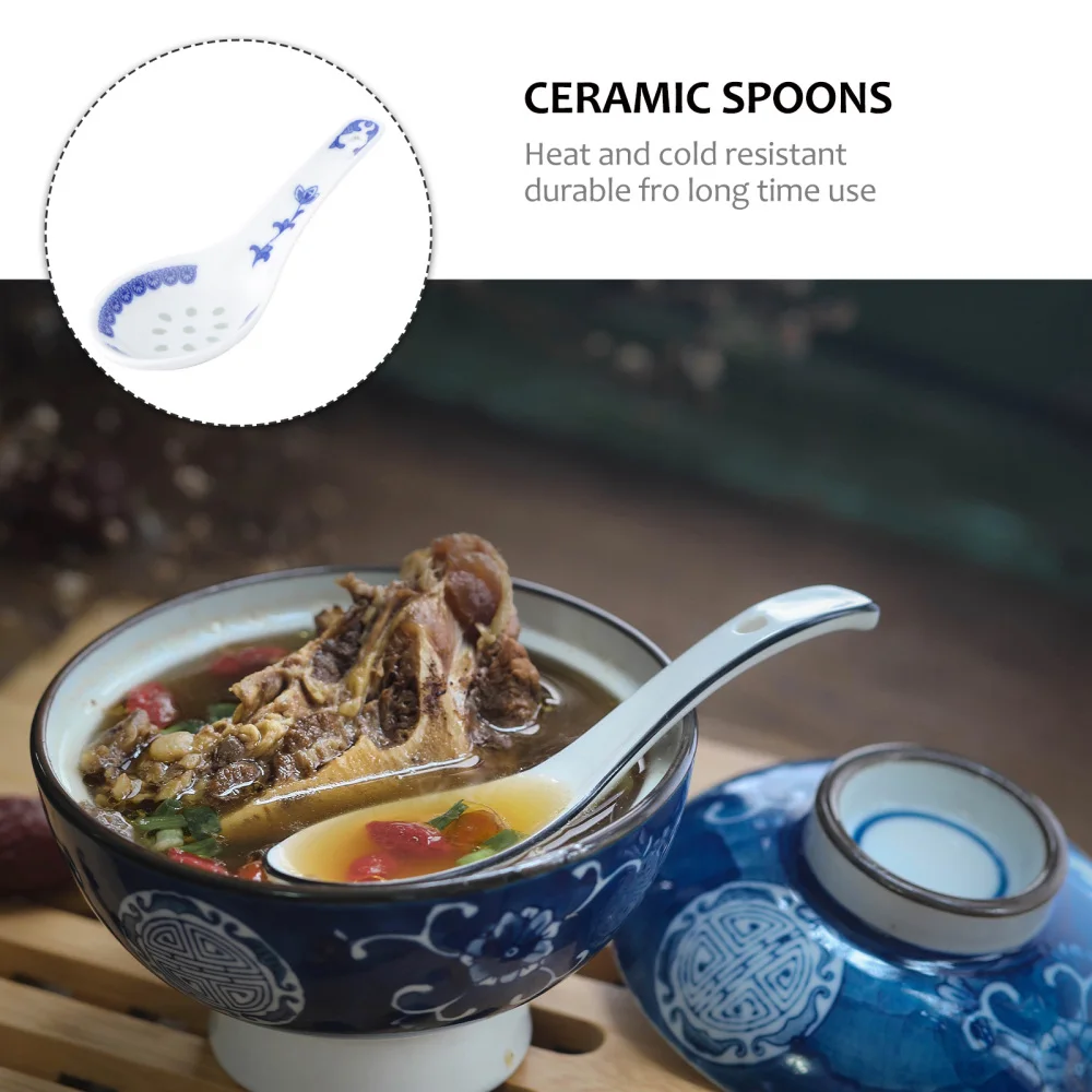 

5pcs Practical Ceramic Spoon Multi-function Chinese Style Scoop Porridge Spoon Tableware Soup Spoon for Home Restaurant