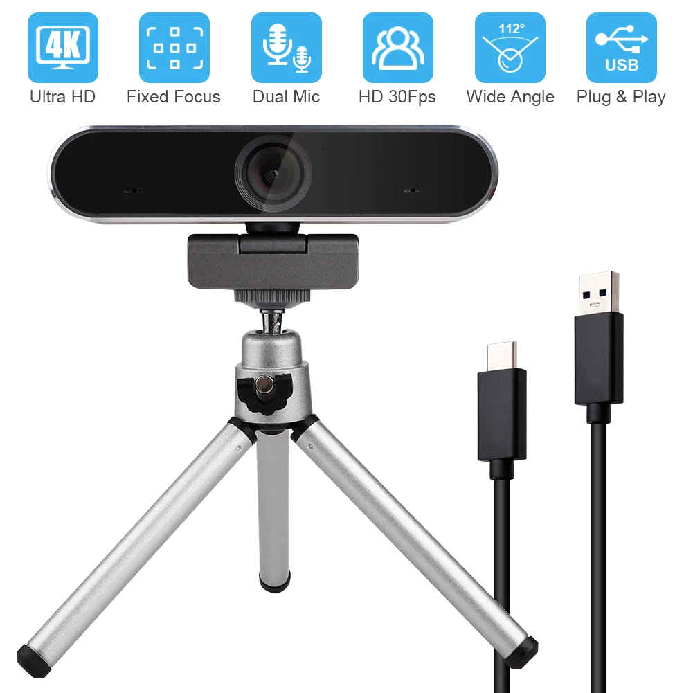 

4K HD Fixed Focus Webcam 8MP Video Recording Computer Camera USB Web Camera for Desktop Laptop PC Build in Double Microphone