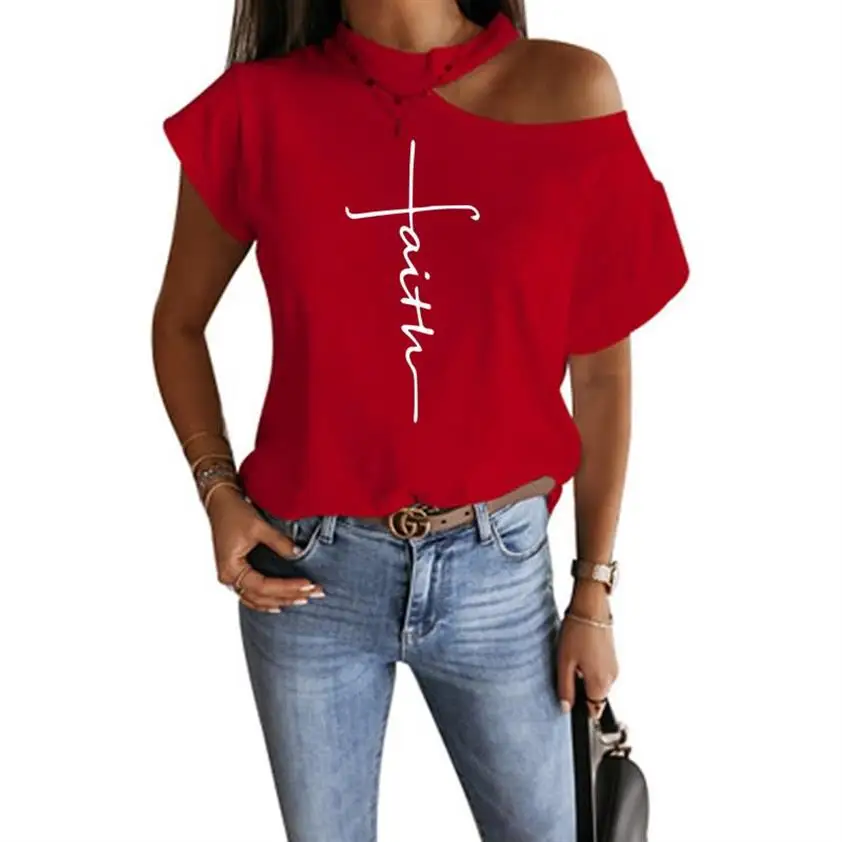

New Arrival Casual Shoulder T-Shirt T-Shirt For Women Faith Letters Print Harajuku Plus Size Top Women Tops Femme Tumblr Korean