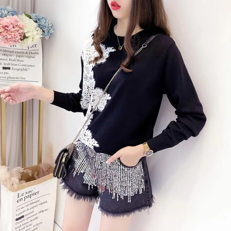 Chic Lace Patchwork Hollow Out Long Sleeve Womens Sweaters Korean Fashion New Loose Fit O-Neck Female Pullover Knitting Tops | Женская