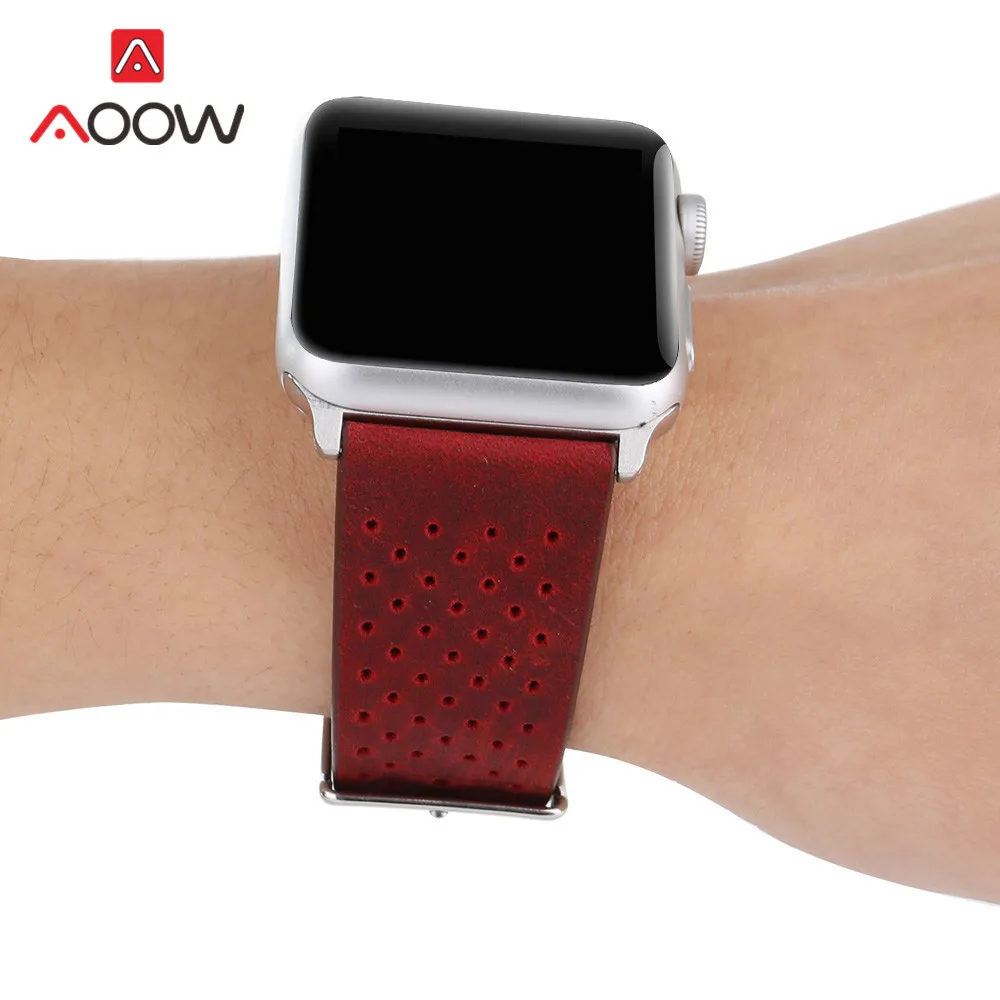Ремешок для часов из натуральной кожи для Apple Watch, 38 мм, 42 мм, дышащий ремешок для мужчин и женщин, ремешок для iwatch 1, 2, 3, 4