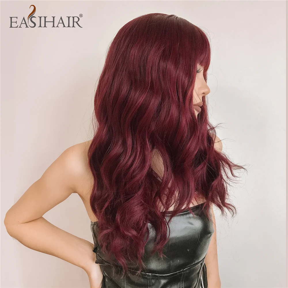 EASIHAIR Medium Water Wave Synthetic Wigs with Bangs Wine Red Bob Curly Hair Wigs for Women Heat Resistant Fiber Daily Cosplay