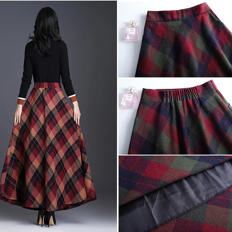 

Plus Size 3XL Women Plaid Skirt Thick Warm Elegant Tall Waist Long Skirt 2020 Winter Casual Woolen Long Plaid Skirt Female Skirt