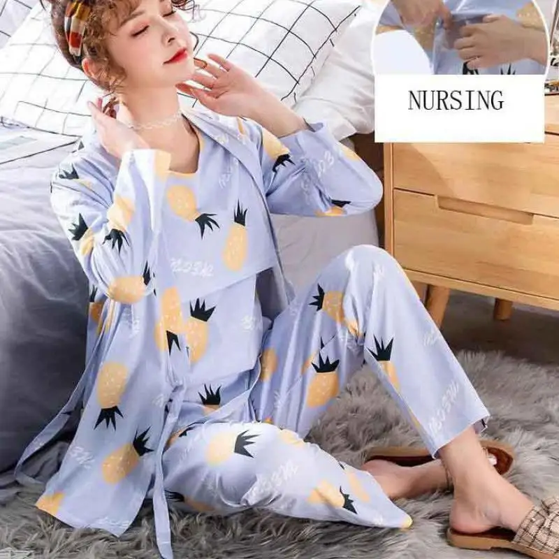

3 Pcs/set Pregnant Pajamas Maternity Nursing Sleeping Breastfeeding Nightgown Maternity Robe Pregnant Sleepwear Nursing Clothes