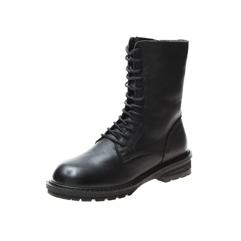 

2019 winter new plus velvet leather women's boots female Martin boots British style lace thick warm in the tube women's boots