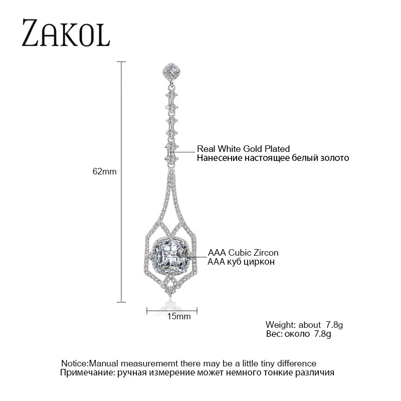 ZAKOL Роскошные циркониевые женские длинные висячие серьги модные в форме люстры