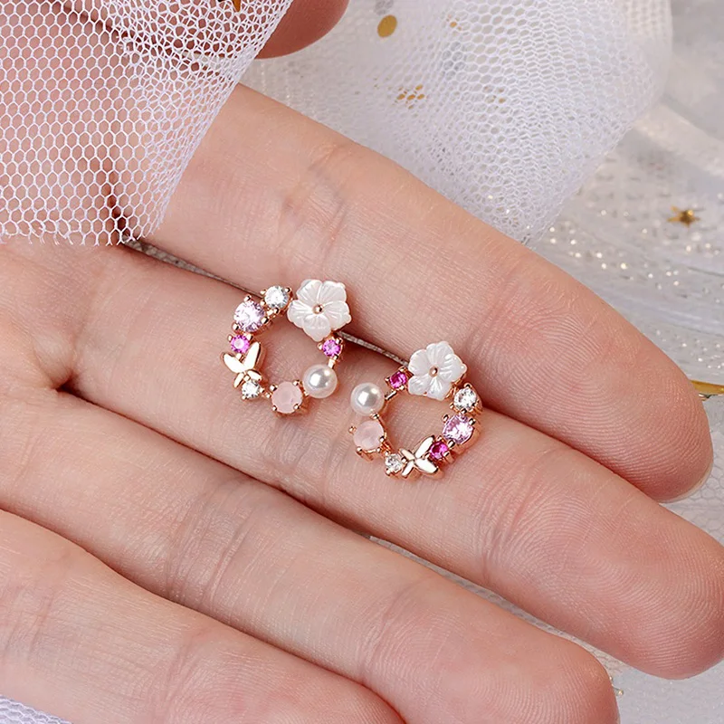 

Romantic Sakura Flower Wedding Stud Earrings Detailed Crystal Pearl Butterfly Cute Lyrical Earring Piercing Jewelry For Women