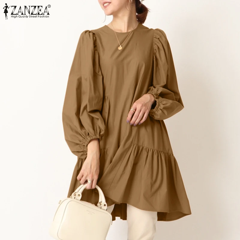 

Women's Puff Sleeve Blouse ZANZEA 2022 Fashion Spring Solid Ruffle Tops Casual Blusas Female Hollow Tops Tunic Chemise