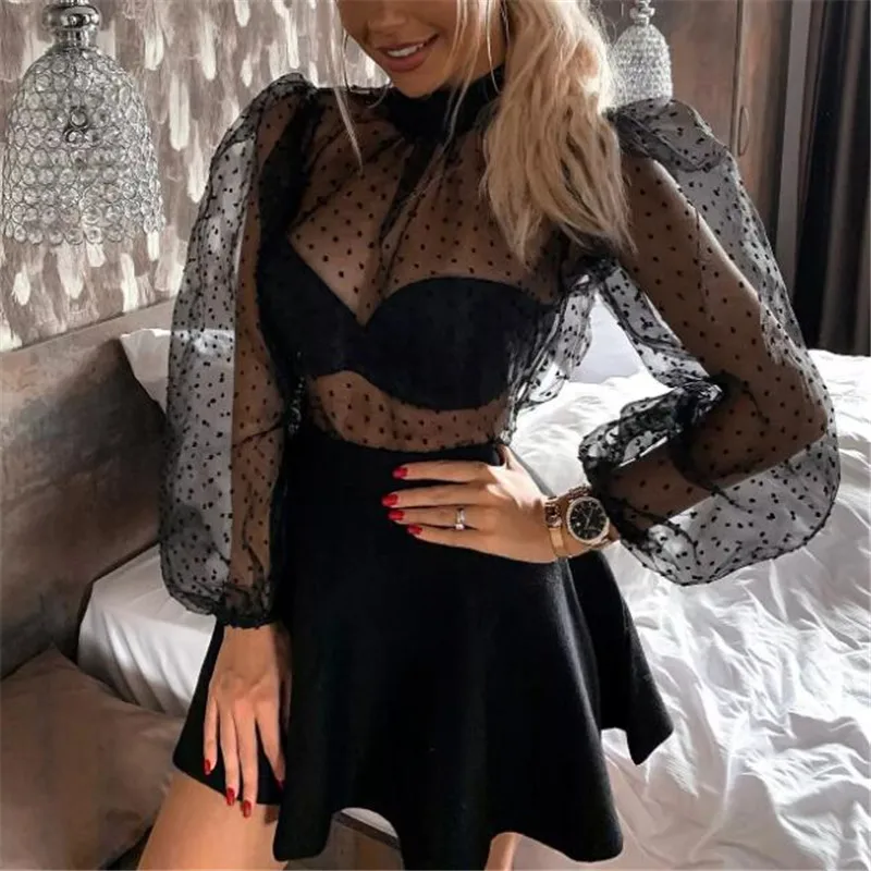 

Spring Summer Pure Perspective Blouse For Women Puff Sleeve Shirt Female Elegant Fashion 2019 New Tide Female Hollow Thin Blouse