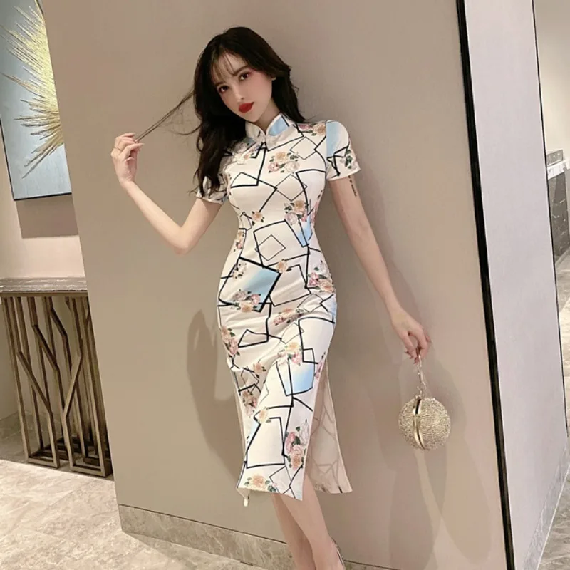 Chinese Style Retro Qipao Lady Cheongsam Harajuku Bar Club Party Sexy Bodycon Korean Elegant Women Wedding Evening Midi Dress |