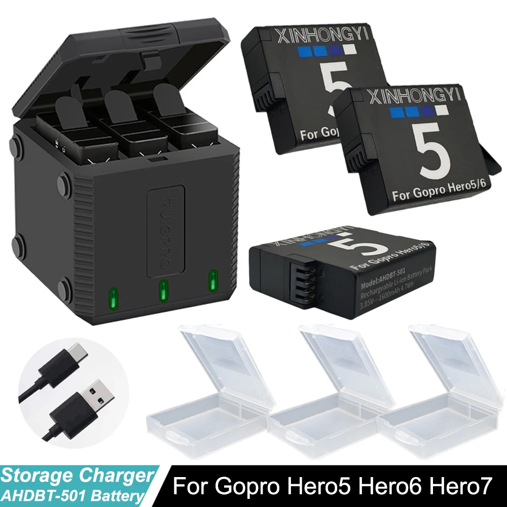 1600 мАч hero 7 батарея+ type-C 3 слота коробка для хранения hero 5 зарядное устройство для GoPro hero 7 6 5 Go Pro 7 hero 6 hero 5 Аксессуары для камеры