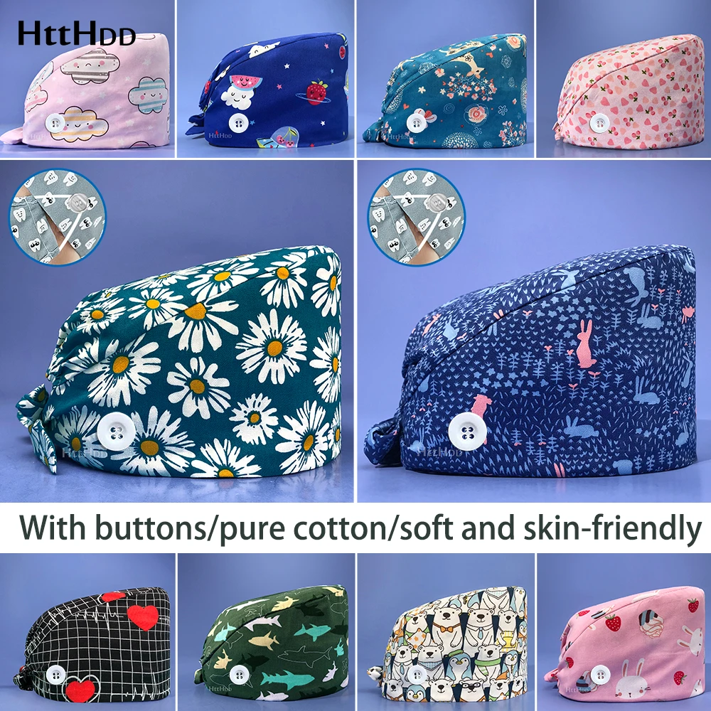 

Clearance Pattern Scrubs Hat with Work Caps 100% Cotton Washable Sweat Belt Beautician Dust Belt Button Wholesale Nurse Unisex