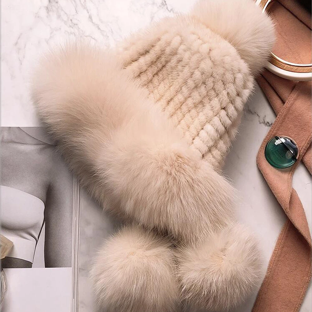 Лидер продаж Зимняя женская вязаная натуральная помпоны из лисьего меха шапка