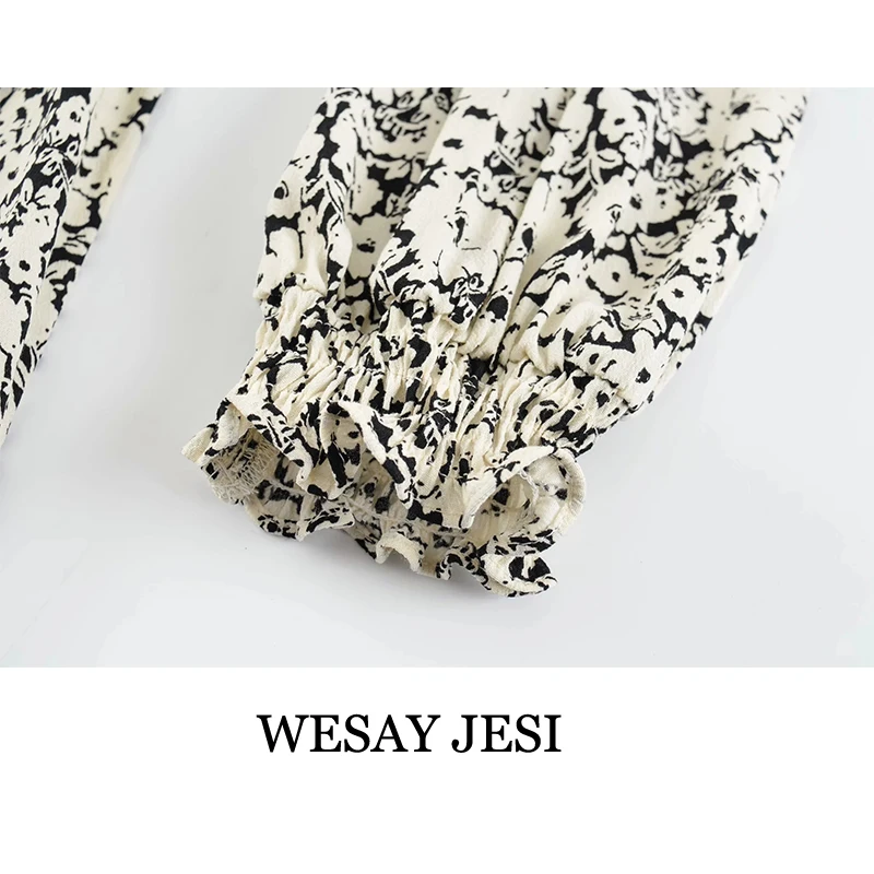 

WESAY JESI Za Dress 2021 Vintage Pleated Print Midi Dress Woman O neck Long Puff Sleeve Elegant Casual Dresses Summer Vestidos
