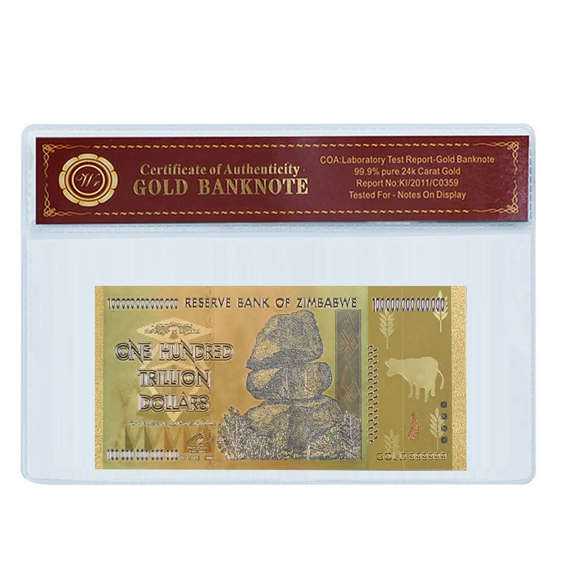 Покрытые золотом Зимбабве сто триллиона долларов золота банкноты покрытые с COA