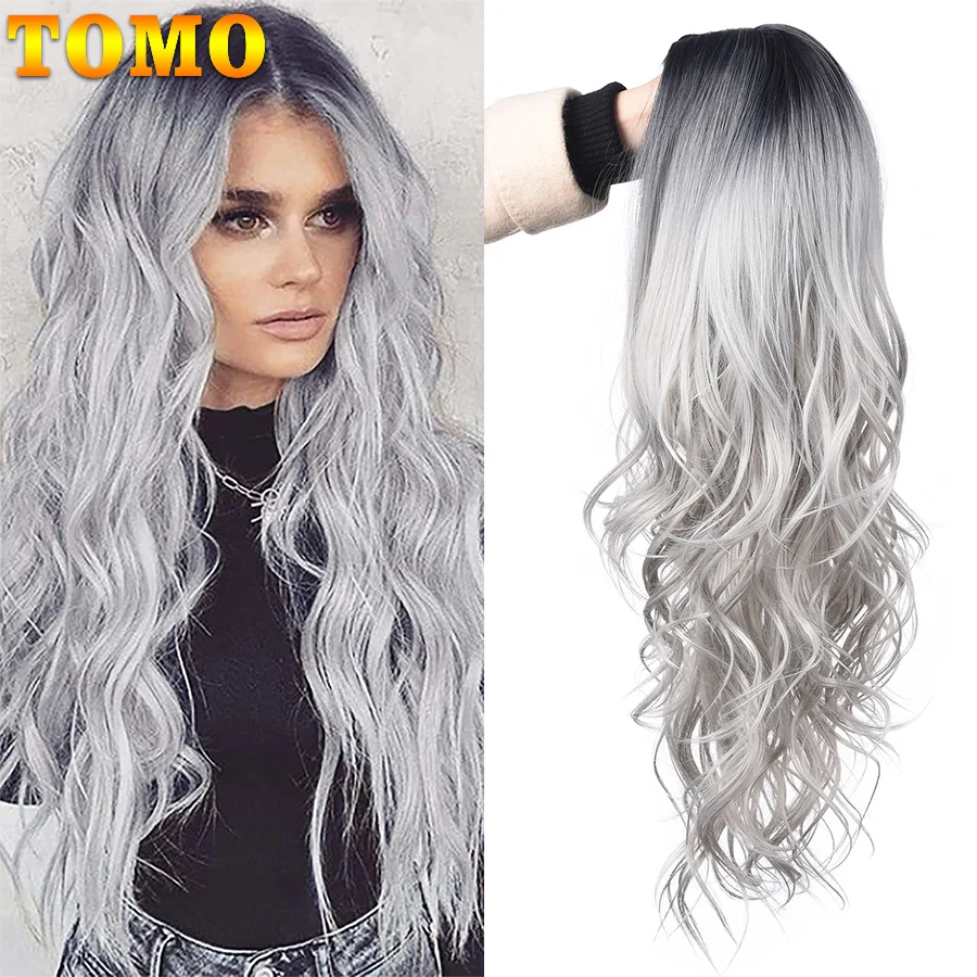 

TOMO Long Wavy Wig for Women Middle Part Lace Wigs Ombre Gray Blonde Body Wave Synthetic Hair Natural Looking Daily Party Wigs