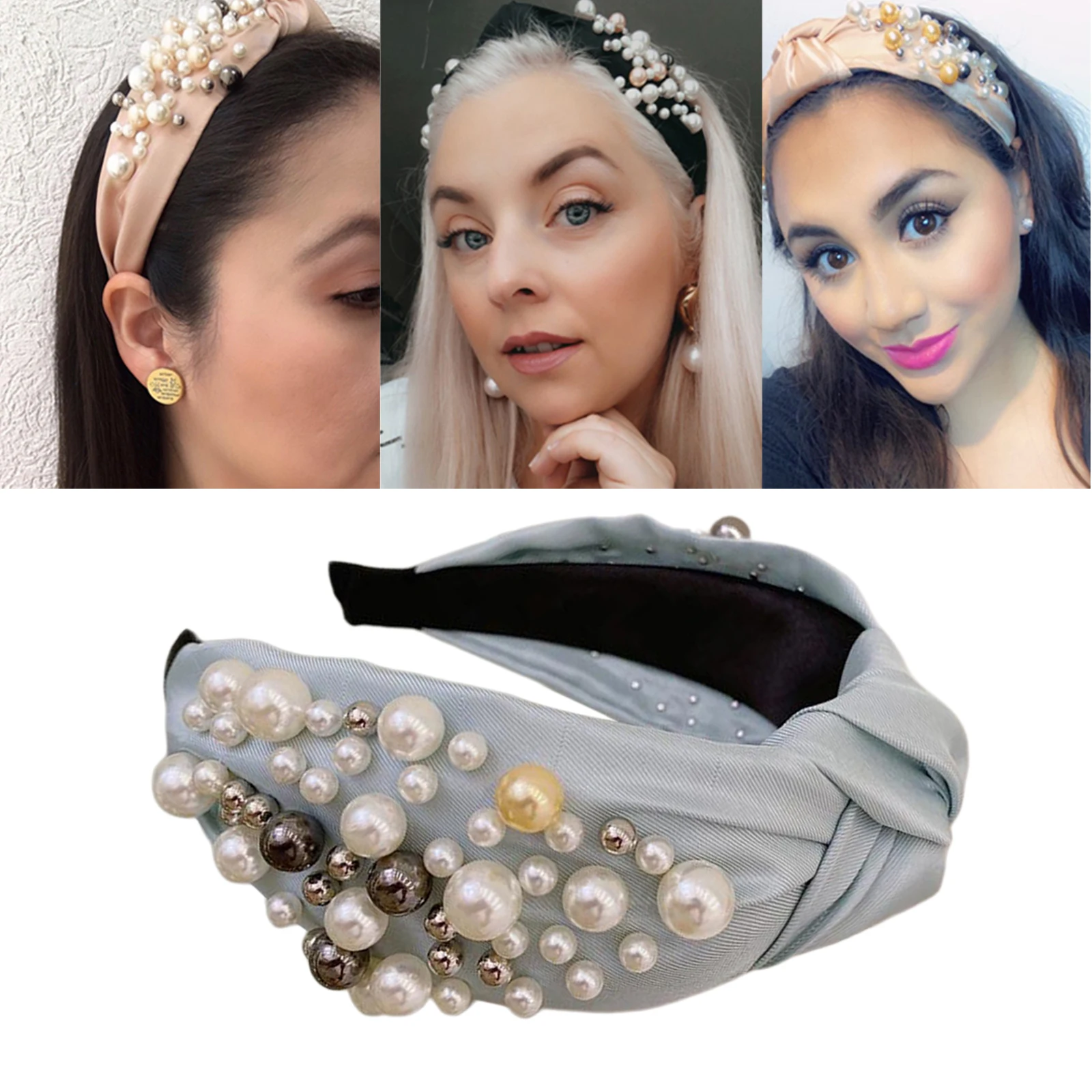 Женские ободки с жемчужинами Широкий ободок для волос узлом Тюрбан Повязка на
