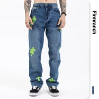 firmranch new green applique cross jeans for men 2021 blue jeans homme loose boot cut hearts pants moto trouse
