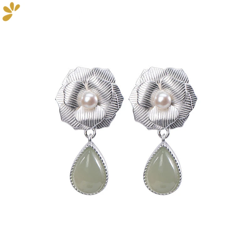 

Green Jade Stud Earrings 925 Sterling Silver Pearl Flower Hetian Jasper Earring Fine Jewelry Women Trendy Party Gift