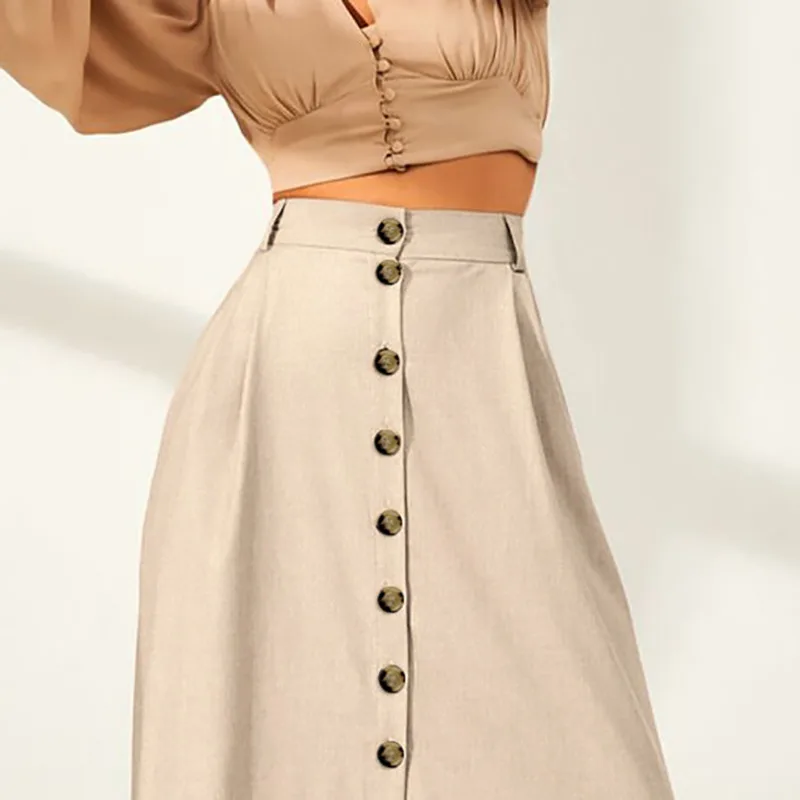 

Fashion High Waist Vintage Women Skirt Slim Khaki Solid Single-breasted Long Skirt 2021 Spring Loose Pocket Ladies Skirt