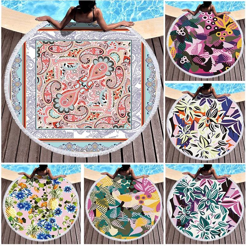 

Полотенце из микрофибры, пляжное полотенце, круглое пляжное полотенце с цветным принтом цветов, пляжное полотенце с бахромой, пляжное полот...