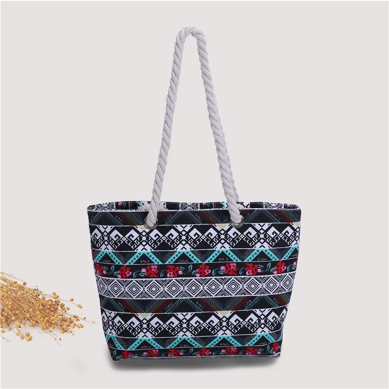 

Geometric Stripes Shoulder Bag Canvas Beach Bag High Capacity Beautifully Literature and Art Women's Travel Shopping Tote Bag