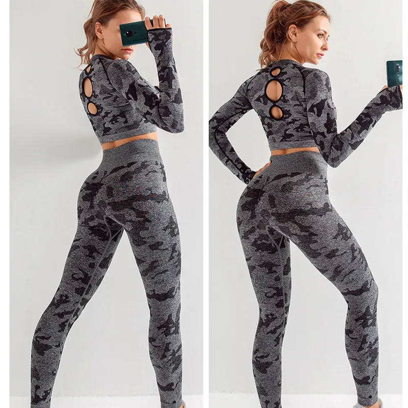 Камуфляжный комплект для йоги женские бесшовные топы фитнеса и спортивная