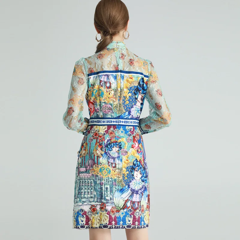 

2021 SPRING LACE PATCHWORK PRINT PLEATED LONG SLEEVE DRESS