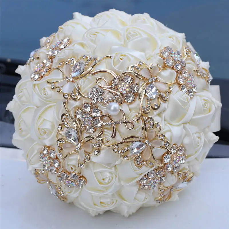 

High Quality Ivory Ribbon Artificial Flowers Wedding Bouquet Diamond Brooch Wedding Flowers Bridal Bouquets buque noiva W705