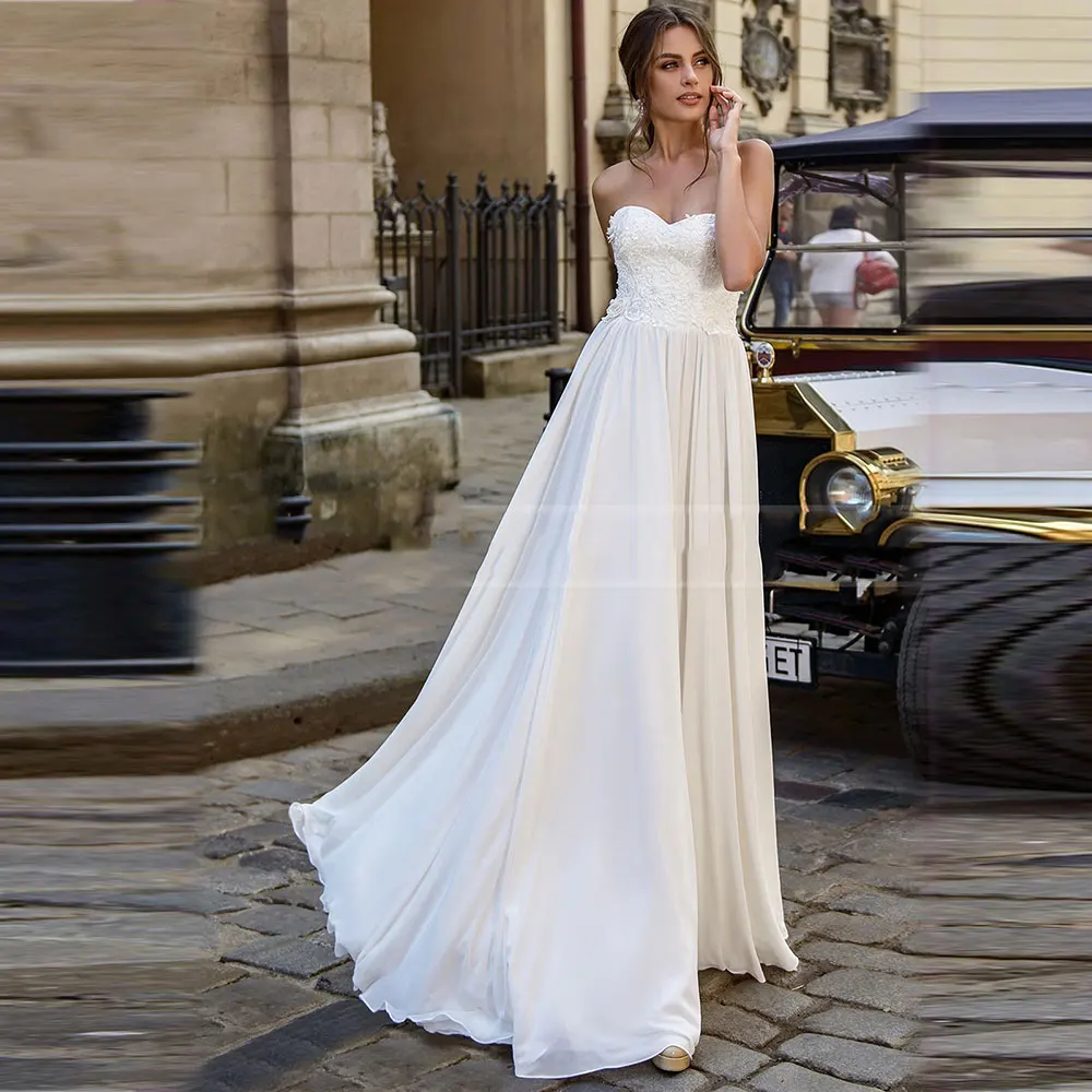 

Sexy Simple Sweetheart Sleeveless Wedding Dress Charming Lace Up Back Sweep Train Chiffon Bridal Gowns for Bride Robe De Mariée