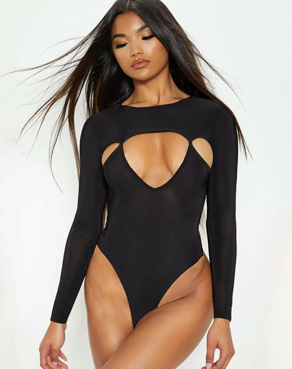 Модные женские боди с длинным рукавом открытые облегающие топы комбинезон-трико